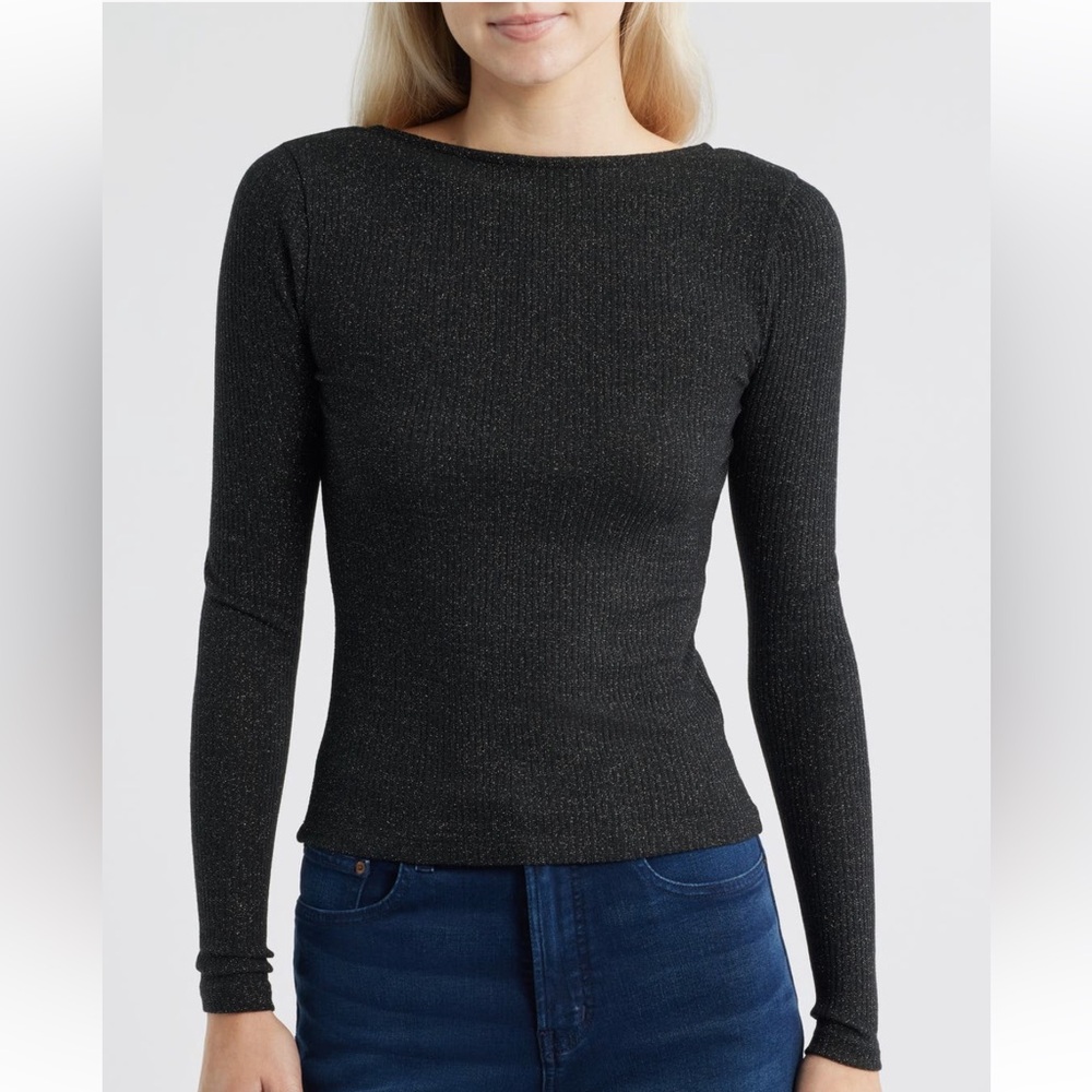 NWT Madewell Sparkle Scoop-Back Long-Sleeve Top in Lurex Black Size Medium